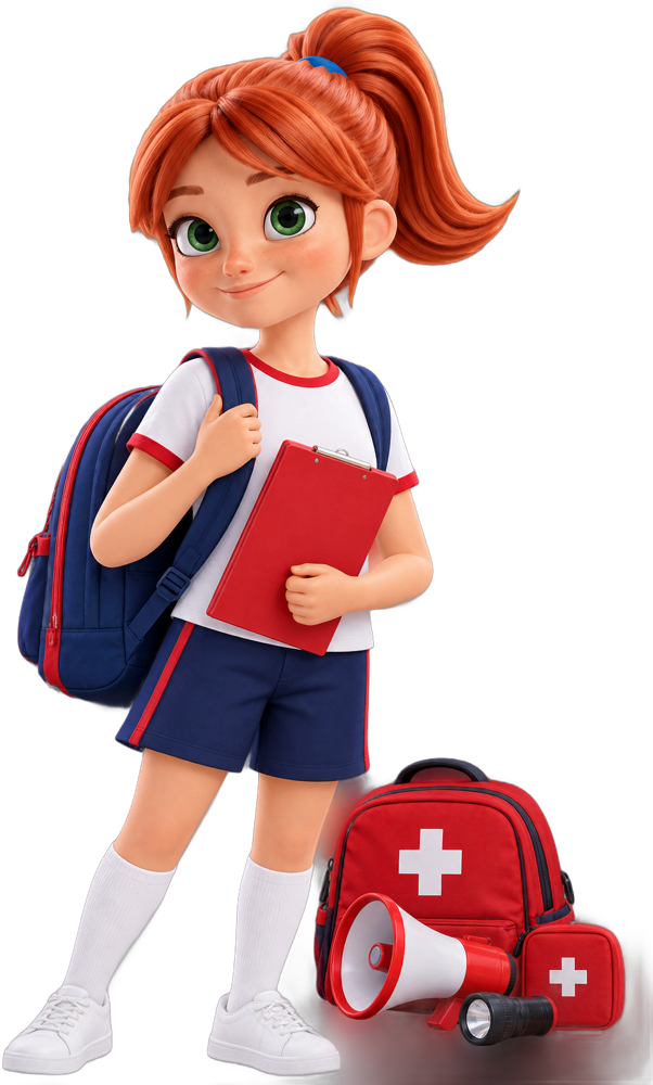 Muñeca alusiva al Plan Escolar de Emergencia, con mochila y kit de primeros auxilios